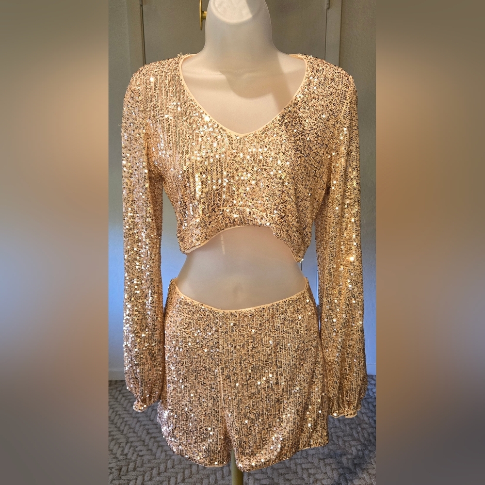 Hera Collection Gold Sequin Crop Top and Shorts Set